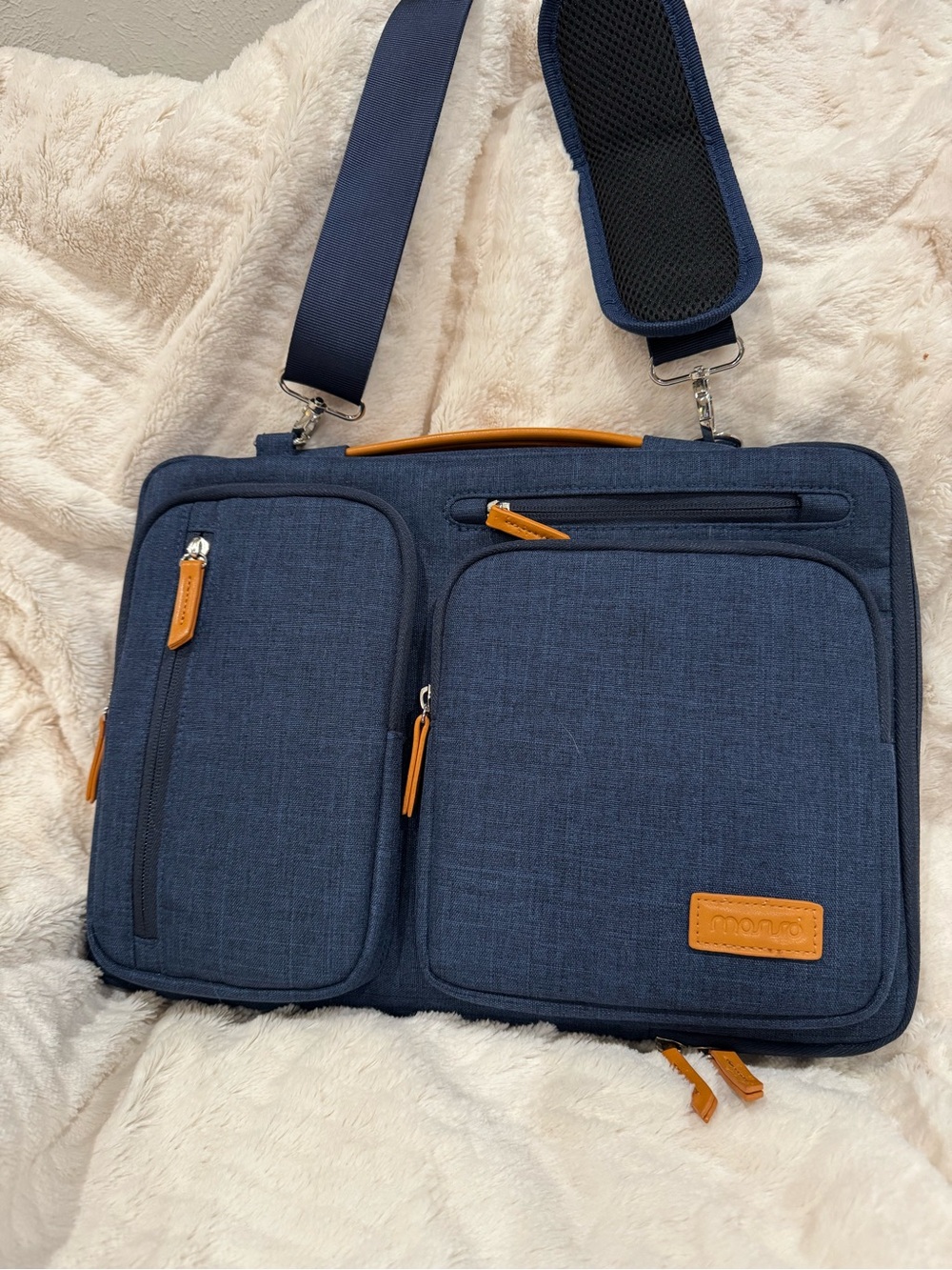 Navy Shoulder Tech Bag with Tan Accents